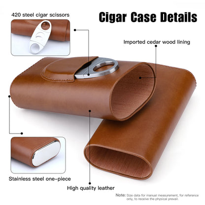 Leather Cigar Case Three-Finger Portable Cigar Humidor Cowhide Material Leather Case Box With Silver Cigar Cutter Gift