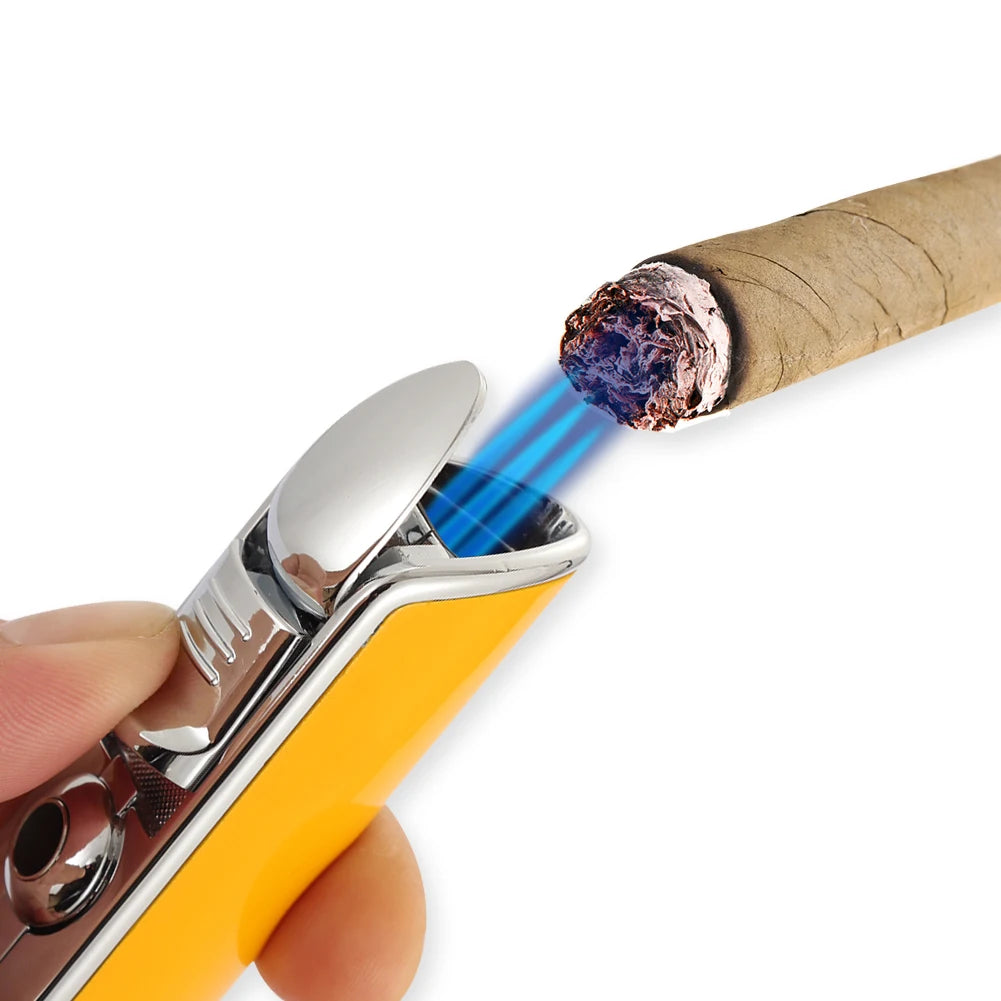 Lighter Metal 3 Jet Butane Gas Torch Smoking Lighter W/ Cigar Punch Stripe Sharp Cigar Lighter