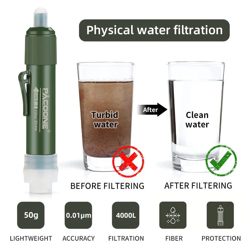 PACOONE Mini Camping Purification Water Filter Straw TUP Carbon Fiber Water Bag for Survival or Emergency Supplies