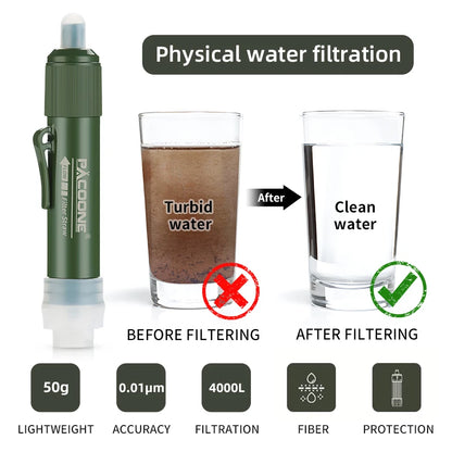 PACOONE Mini Camping Purification Water Filter Straw TUP Carbon Fiber Water Bag for Survival or Emergency Supplies