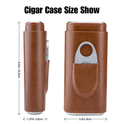 Leather Cigar Case Three-Finger Portable Cigar Humidor Cowhide Material Leather Case Box With Silver Cigar Cutter Gift